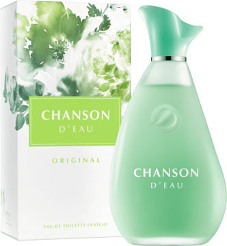 Damska woda toaletowa Chanson d'Eau Original, jasnozielona butelka i pudełko z zielonym motywem, widok pod kątem.
