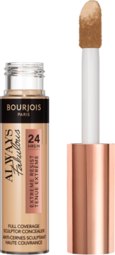Bourjois Always Fabulous 24H Full Coverage concealer, beige, with open bottle and wand applicator.