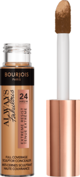 Bourjois Always Fabulous 24H Korektor z pełnym kryciem, brązowy, butelka i aplikator obok.