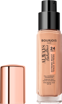 Bourjois Always Fabulous podkład beżowy SPF 20, butelka z pompką, z oddzieloną miedzianą nakrętką.