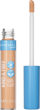 Rimmel Kind & Free nawilżający korektor w brzoskwiniowej tubce z niebieskim aplikatorem wyjętym.