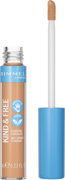 Rimmel Kind & Free nawilżający korektor w beżowej tubce, otwarty z aplikatorem obok, logo wegan.