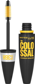 Otwarta czarno-żółta mascara Maybelline Colossal Longwear z żółtą szczoteczką, widoczny napis 36H.