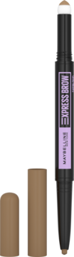 Maybelline Express Brow Satin Duo, czarny dwustronny ołówek do brwi z gąbką i kredką, widok pionowy.