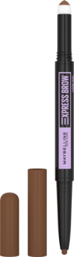 Maybelline Express Brow Satin Duo, dwustronna kredka do brwi z brązowym wkładem i gąbeczką, obok odłożona skuwka.