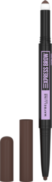 Maybelline Express Brow Satin Duo, dwustronna kredka do brwi: czarna z fioletową etykietą, widoczny aplikator i brązowa końcówka.