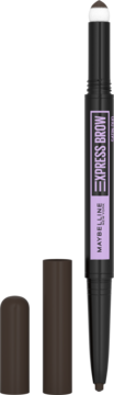 Maybelline Express Brow Satin Duo, brązowa dwustronna kredka do brwi, pionowo z odkręconą skuwką obok.
