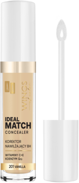 Beżowy korektor Ideal Match Vanilla 201 Wings of Color, butelka z białym aplikatorem, widok z przodu.