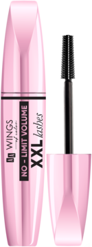 Różowa mascara Wings of Color XXL Lashes NO-LIMIT VOLUME, z wysuniętą czarną silikonową szczoteczką, widok przód.