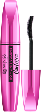 Różowa maskara Wings of Color No-Limit Volume Curl Effect, z otwartą butelką i czarną, wygiętą szczoteczką.