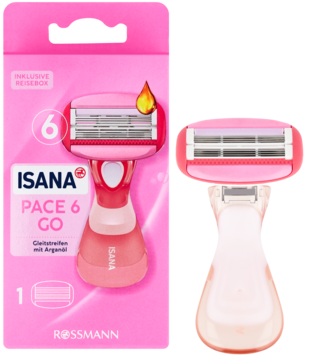 Isana Lady Maszynka G Pace 6. Różowe opakowanie oraz sama maszynka z 6 ostrzami, widok przód.