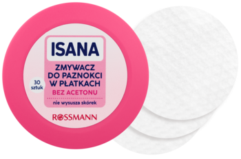 Isana zmywacz do paznokci w płatkach bez acetonu, różowe opakowanie, 30 sztuk, z widocznymi okrągłymi płatkami.