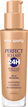 Matujący podkład Miss Sporty Perfect to Last 24H w beżowej butelce z pompką, SPF 28, widok z przodu.