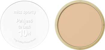 Miss Sporty Perfect to Last 10H puder prasowany Porcelain, widok otwartego kompaktu i czarnego wieczka.