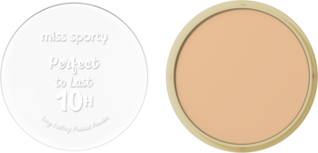Puder Miss Sporty Perfect to Last 10H Light: widoczny jasny prasowany puder i czarna pokrywka z napisem.