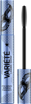 Wodoodporny tusz do rzęs Variété Lashes Show ultra-volume, niebieskie opakowanie, otwarta obok szczoteczka.