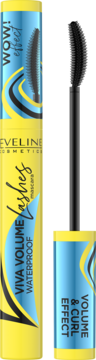 Eveline Viva Volume Lashes Waterproof Mascara, żółte opakowanie z niebieskimi falami, aplikator obok.