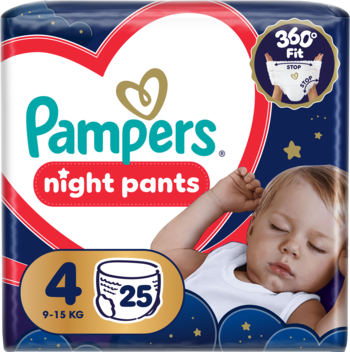 Opakowanie pieluchomajtek Pampers Night Pants, rozm. 4 (9-15kg), 25 szt., z ikoną 360 Fit i śpiącym dzieckiem.
