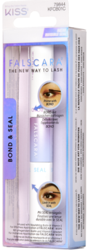 Kiss Falscara Eyelash Bond & Seal in white and purple retail packaging, showing two tubes inside, front view.