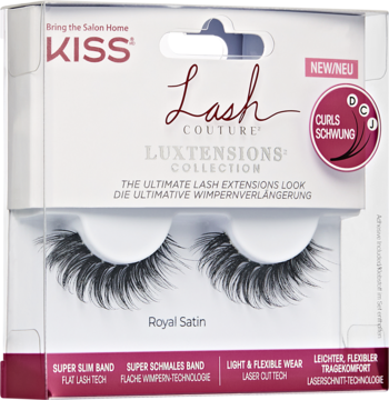 Kiss Lash Couture Luxtensions Royal Satin sztuczne rzęsy w pudełku, widok z przodu, puszyste czarne rzęsy.