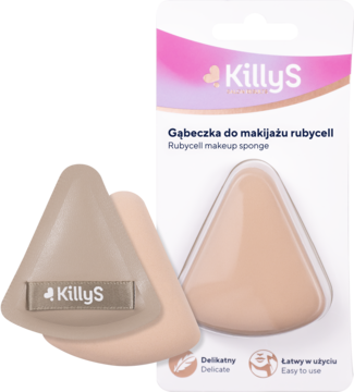 KillyS beżowa gąbeczka do makijażu rubycell, trójkątna, jedna luzem, druga w opakowaniu biało-różowym.