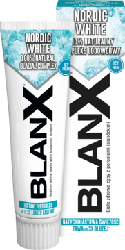 Pasta BlanX Nordic White Glacial Complex w białej tubce z turkusowym wzorem, obok fragment pudełka, widok z przodu.