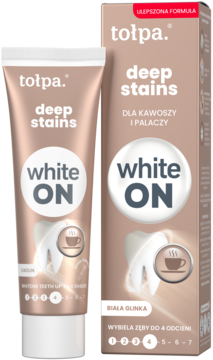 Tołpa Deep Stains White ON pasta do zębów w tubce i pudełku, wybielająca o 4 odcienie, dla kawoszy i palaczy.