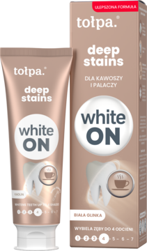 Pasta Tołpa Deep Stains White ON w różowozłotej tubce i pudełku, dla kawoszy, wybiela zęby do 4 odcieni, widok z przodu.