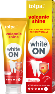 Tołpa volcanic shine white ON wybielająca pasta do zębów 24H i pudełko. Pomarańczowo-żółte opakowania.