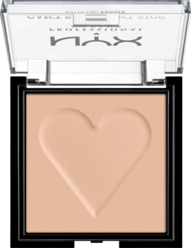 Puder w kamieniu NYX Professional Makeup, otwarty, z sercem wytłoczonym w jasnobeżowym pudrze, widok z góry.