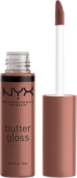NYX Professional Makeup Butter Gloss w odcieniu różowo-brązowym, otwarta butelka z aplikatorem.