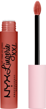 Otwarta matowa pomadka do ust NYX Lingerie XXL w odcieniu rdzawej róży z wyciągniętym aplikatorem.