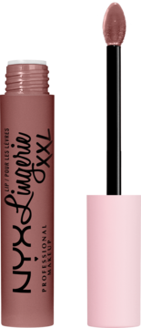 NYX Lingerie XXL, brązowo-różowa matowa pomadka płynna, otwarta butelka z widocznym aplikatorem.