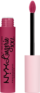 Matowa płynna pomadka NYX Lingerie XXL, intensywny róż, otwarta tubka z wysuniętym aplikatorem.