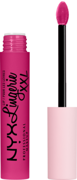 Żywa fuksjowa płynna pomadka NYX Lingerie XXL, otwarta tubka z aplikatorem, na czarnym tle.
