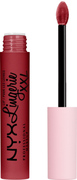 NYX Lingerie XXL matowa płynna pomadka w odcieniu burgundowym, otwarta butelka z aplikatorem.