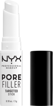 NYX Pore Filler Targeted Stick, biały sztyft z wysuniętą zawartością i czarną nakrętką, widok z przodu.