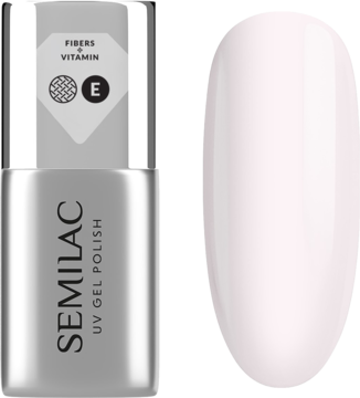 Semilac Dream Long Base, srebrna butelka i różowy, półtransparentny swatch paznokcia z włóknami i wit. E.