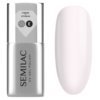 Baza hybrydowa Semilac Dream Long Base z witaminą E, srebrna butelka i półtransparentny różowy swatch.