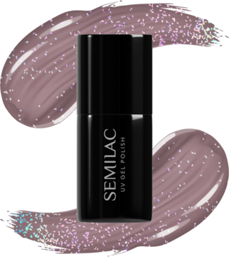 Lakier hybrydowy SEMILAC UV GEL POLISH w czarnej butelce, otoczony brokatowymi smugami chłodnego brązu.
