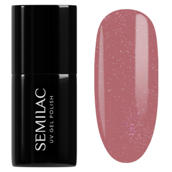 Semilac UV Gel Polish, butelka i swatch. Lakier hybrydowy w odcieniu karmelowego różu z brokatowym pyłkiem.