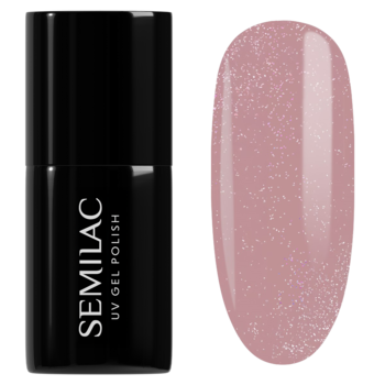 Semilac UV Gel Polish w czarnej butelce obok beżowego wzornika z brokatowym pyłkiem.