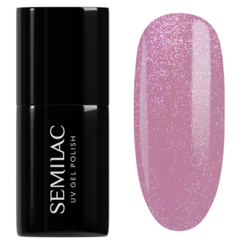 Semilac UV Gel Polish: czarna butelka i karmelowo-różowy lakier hybrydowy z brokatowym pyłkiem, swatch obok.