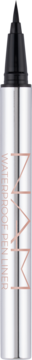 Srebrny wegański wodoodporny eyeliner w pisaku z czarną nakrętką, widok z przodu, ultracienka końcówka.