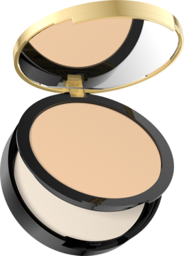 Otwarty puder mineralny Variété, beżowy, matujący, w złotym etui z lusterkiem i aplikatorem widoczny pod kątem.
