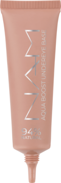 Brzoskwiniowa tubka NVM Aqua Boost Undereye Base, nawilżająca baza pod oczy, 94% naturalna, widok z przodu.