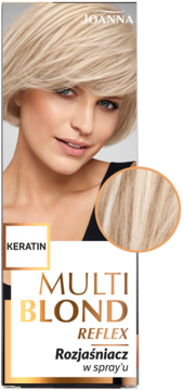 Joanna Multi Blond Reflex rozjaśniacz w sprayu, opakowanie z blond kobietą i efektem słonecznych refleksów.