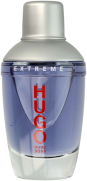 Męska woda perfumowana Hugo Boss Man Extreme, niebieska butelka ze srebrnymi detalami i czerwonym napisem HUGO, widok z przodu.