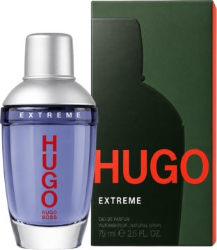 Hugo Boss Man Extreme męska woda perfumowana 75ml, niebieska butelka z czerwoną etykietą i zielone pudełko.