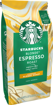 Złoto-zielona paczka kawy Starbucks Blonde Espresso Roast z ziarnami kawy, gładki i słodki smak, widok z przodu.